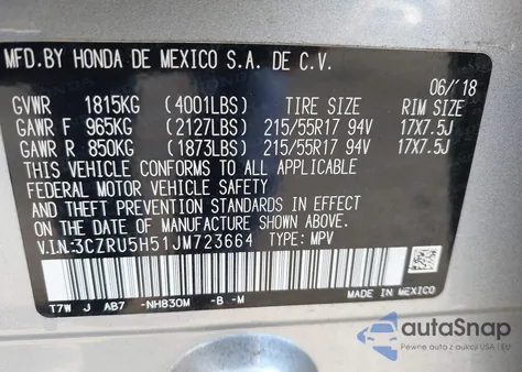 2018 Honda Hr-V Ex из США, поврежденный, VIN 3CZRU5H51JM723664